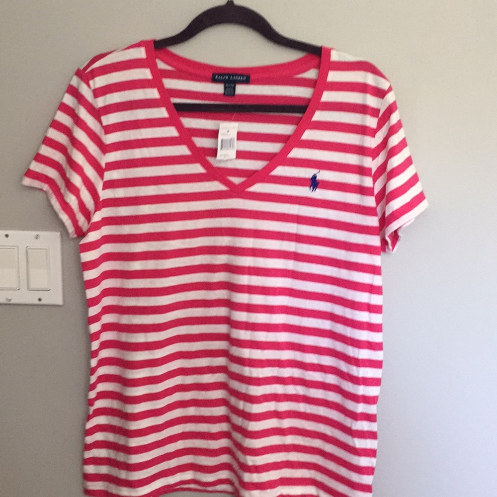 Ralph Lauren Pink Striped Pink Logo vneck  Tee